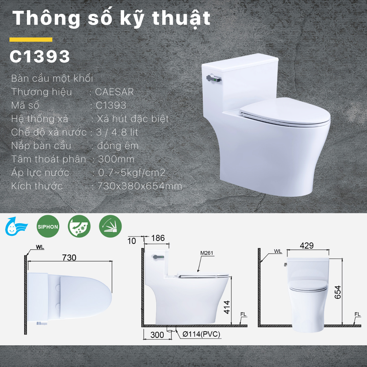 Bàn Cầu Một Khối Nắp Êm Caesar C1393