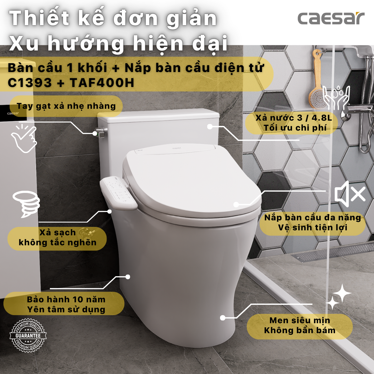 Bàn Cầu Một Khối kết hợp nắp điện tử Caesar C1393F/TAF400H