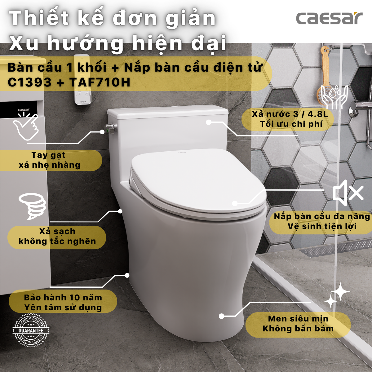 Bàn Cầu Một Khối kết hợp nắp điện tử Caesar C1393F/TAF710H