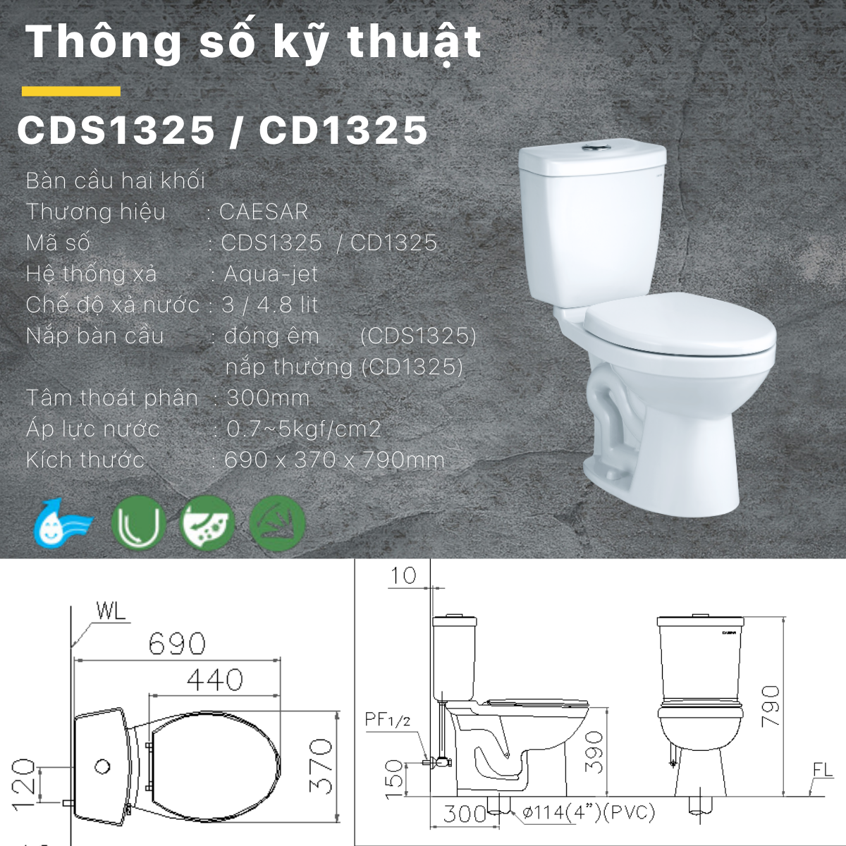 Bàn Cầu hai khối kết hợp với nắp điện tử Caesar CD1325/TAF512H