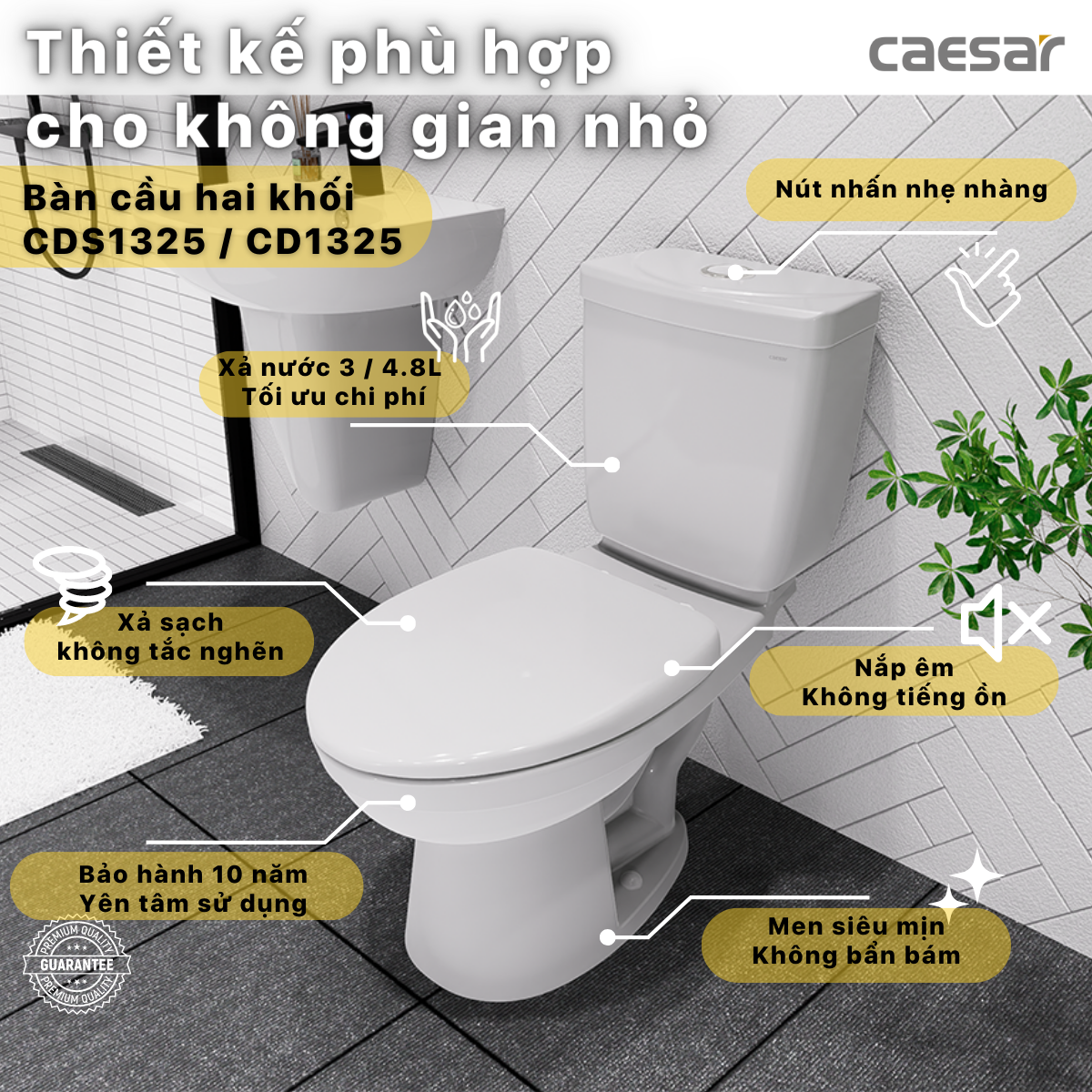Bàn Cầu hai khối kết hợp với nắp điện tử Caesar CD1325/TAF512H