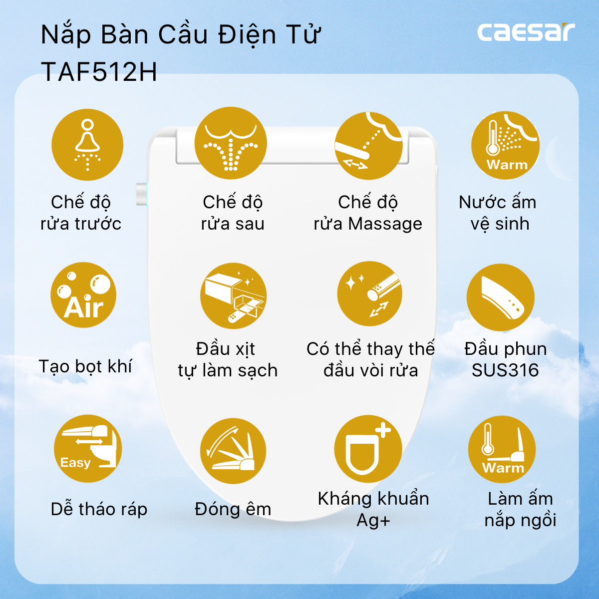 Bàn Cầu hai khối kết hợp với nắp điện tử Caesar CD1338/TAF512H