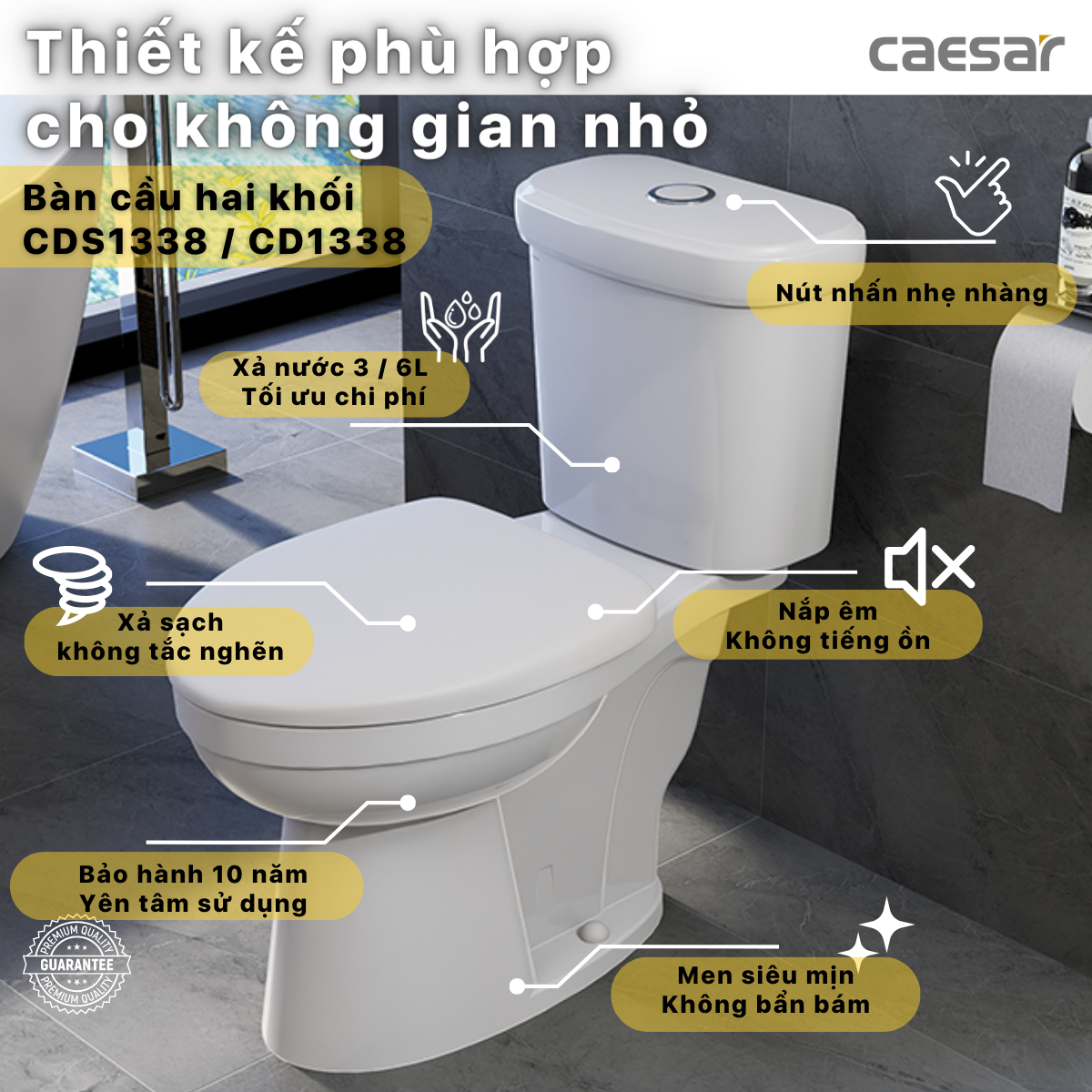 Bàn Cầu hai khối kết hợp với nắp điện tử Caesar CD1338/TAF512H