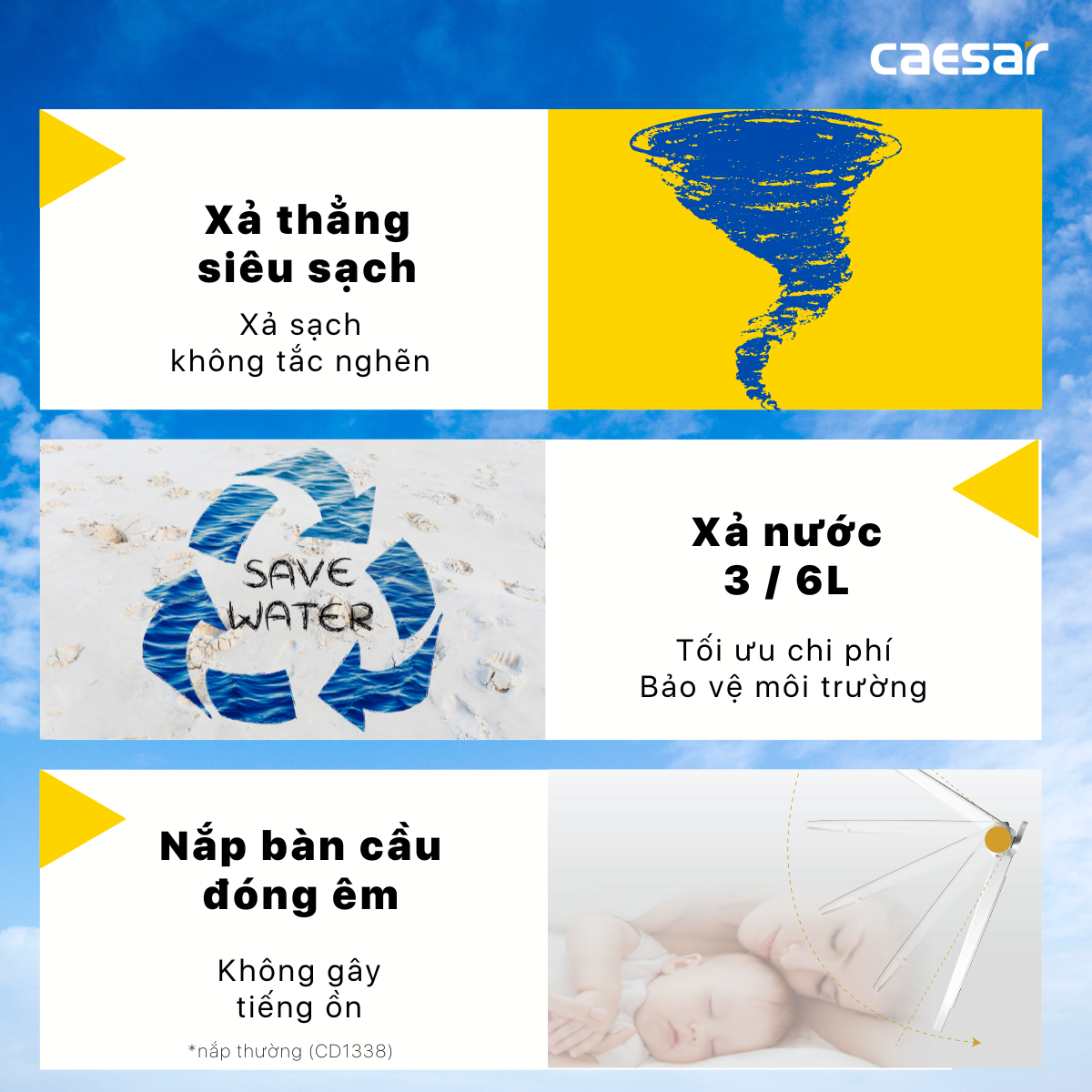 Bàn Cầu hai khối kết hợp với nắp điện tử Caesar CD1338/TAF512H