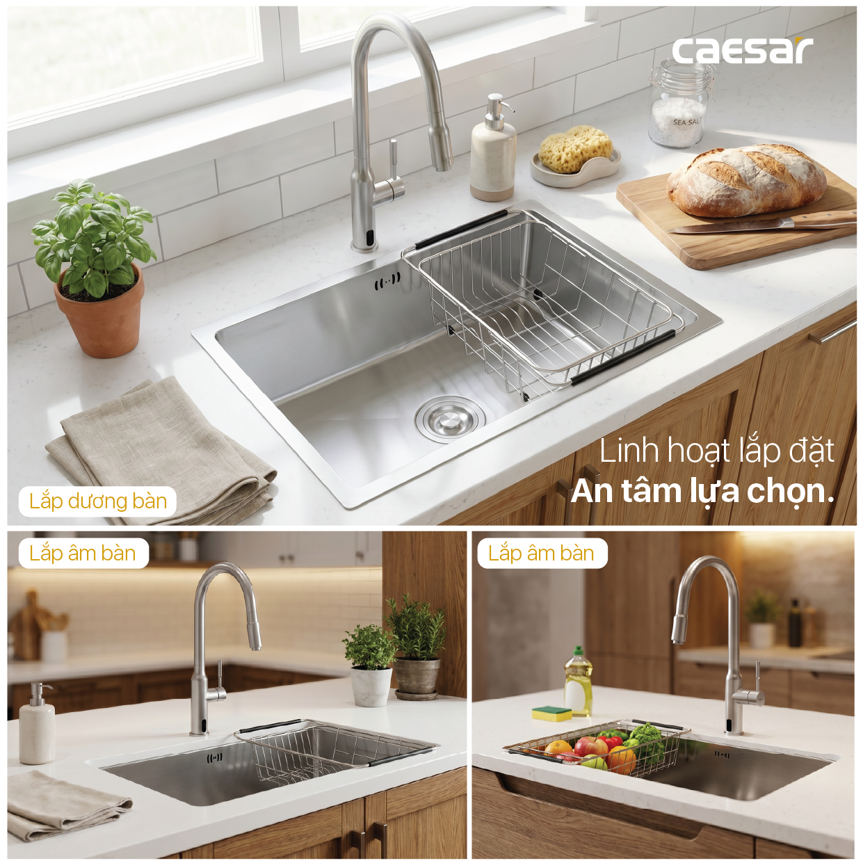 Chậu rửa chén inox 1 hộc âm viền Caesar KSH11H060SX