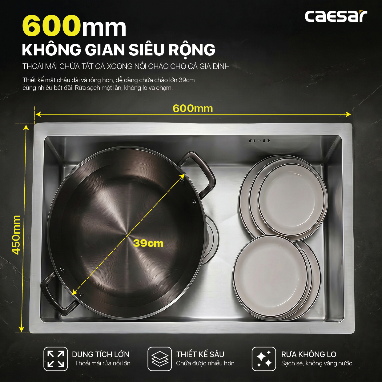 Chậu rửa chén inox 1 hộc âm viền Caesar KSH11H060SX
