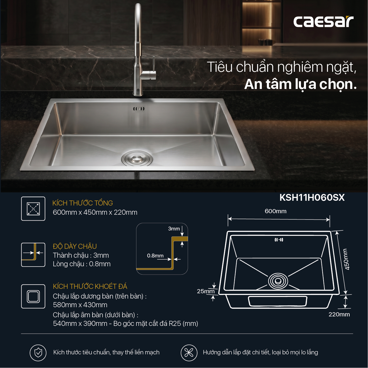 Chậu rửa chén inox 1 hộc âm viền Caesar KSH11H060SX