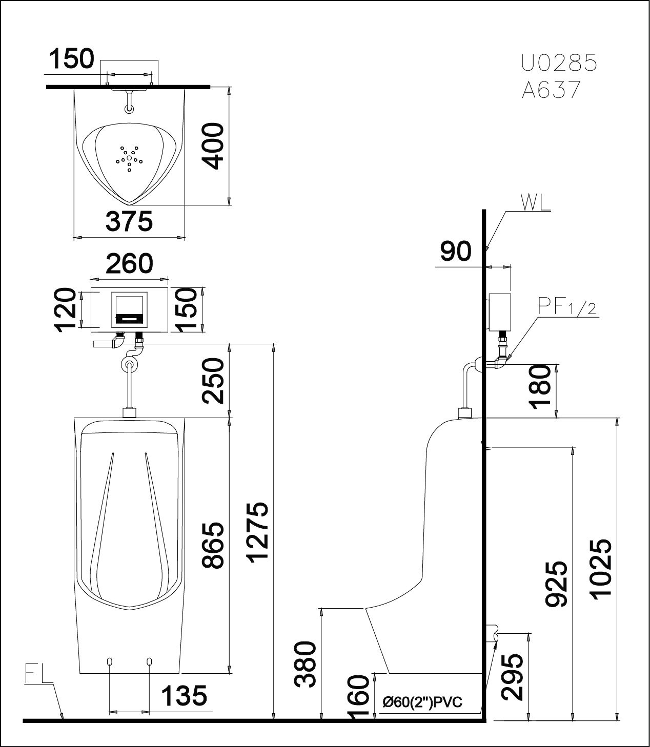 Bệ tiểu nam treo tường caesar U0285 be-tieu-nam-treo-tuong-caesar-u0285