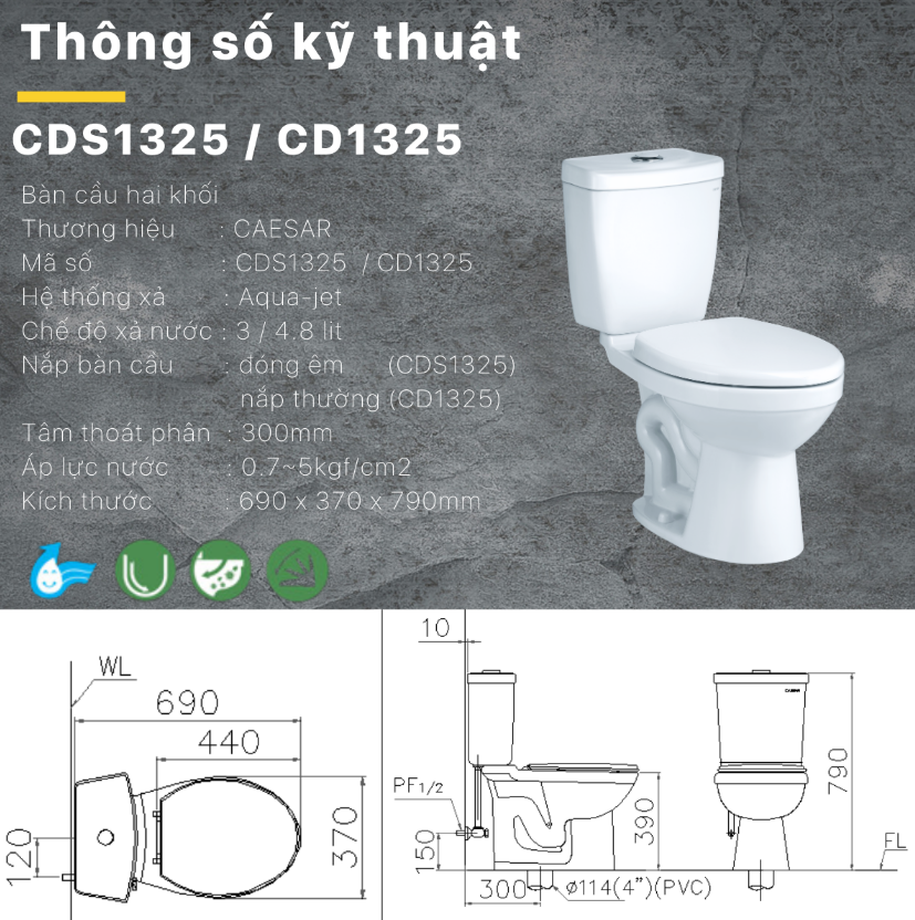 bản vẽ bồn cầu Caesar CD1325 - Xí bệt bàn cầu vệ sinh 2 khối