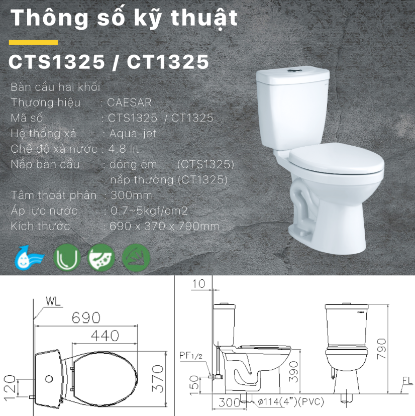 Bản vẽ bồn cầu Caesar CT1325 - í Xbệt bàn cầu vệ sinh 2 khối