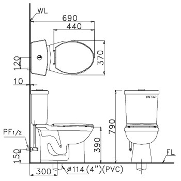 bản vẽ bồn cầu Caesar CD1325 - Xí bệt bàn cầu vệ sinh 2 khối