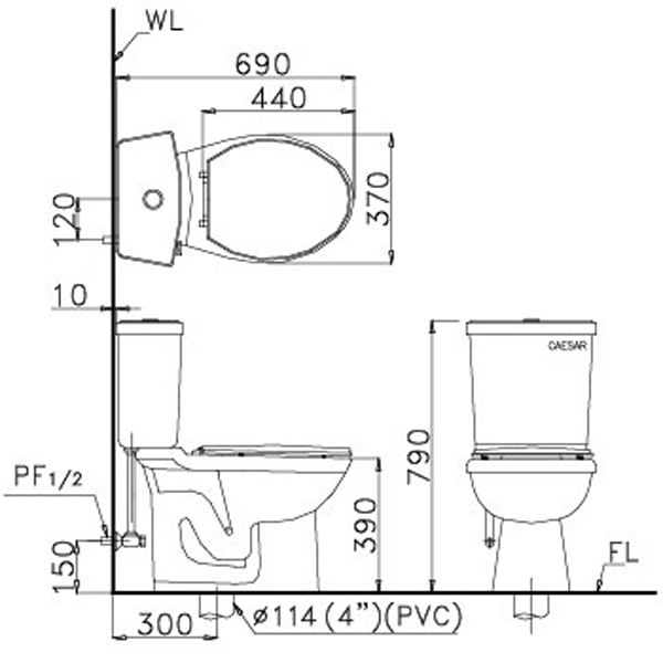 Bản vẽ bồn cầu Caesar CTS1325 - Xí bệt bàn cầu vệ sinh 2 khối